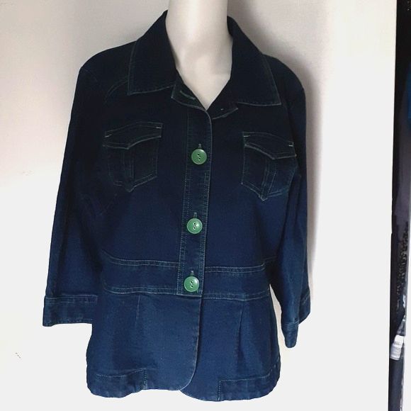 Onque shacket blue denim shirt jacket s m green trim blazer top lagenlook casual - Picture 3 of 8